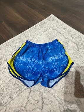 Nike Tempo Blue Tie-Dye Athletic Shorts with Yellow Accents